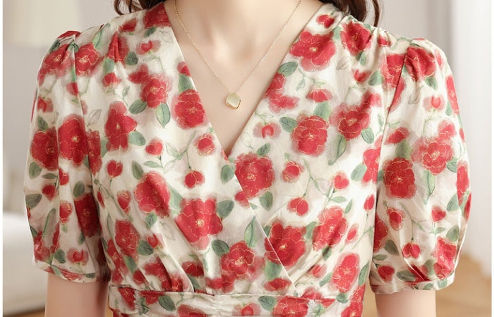 CM-DY040798 Women Casual Seoul Style Floral Print V-Neck Puff Sleeve Mid-Length Dress