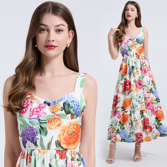 CM-DY040801 Women Elegant European Style Floral Print Sleeveless Elastic Pinched Waist A-Line Dress