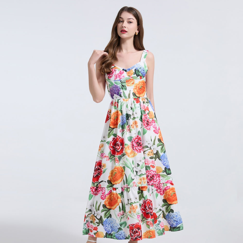CM-DY040801 Women Elegant European Style Floral Print Sleeveless Elastic Pinched Waist A-Line Dress