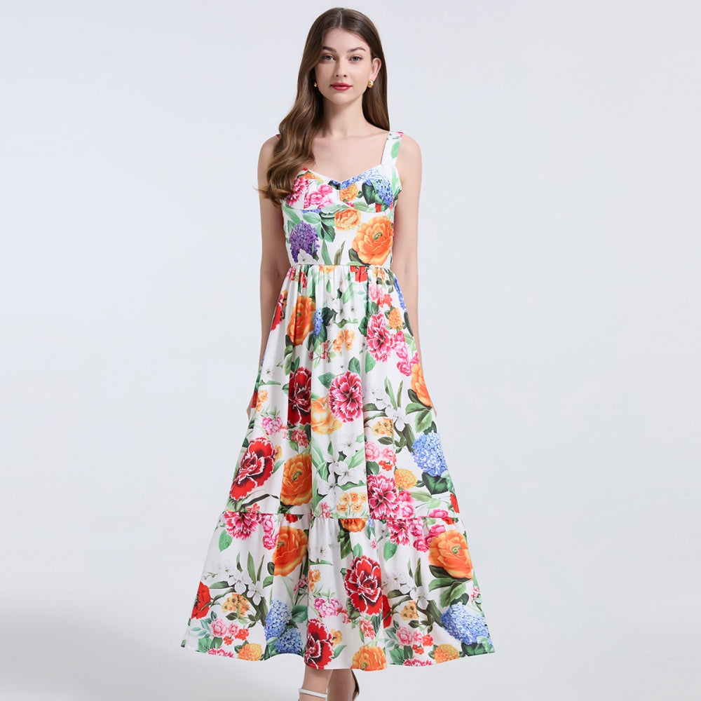 CM-DY040801 Women Elegant European Style Floral Print Sleeveless Elastic Pinched Waist A-Line Dress