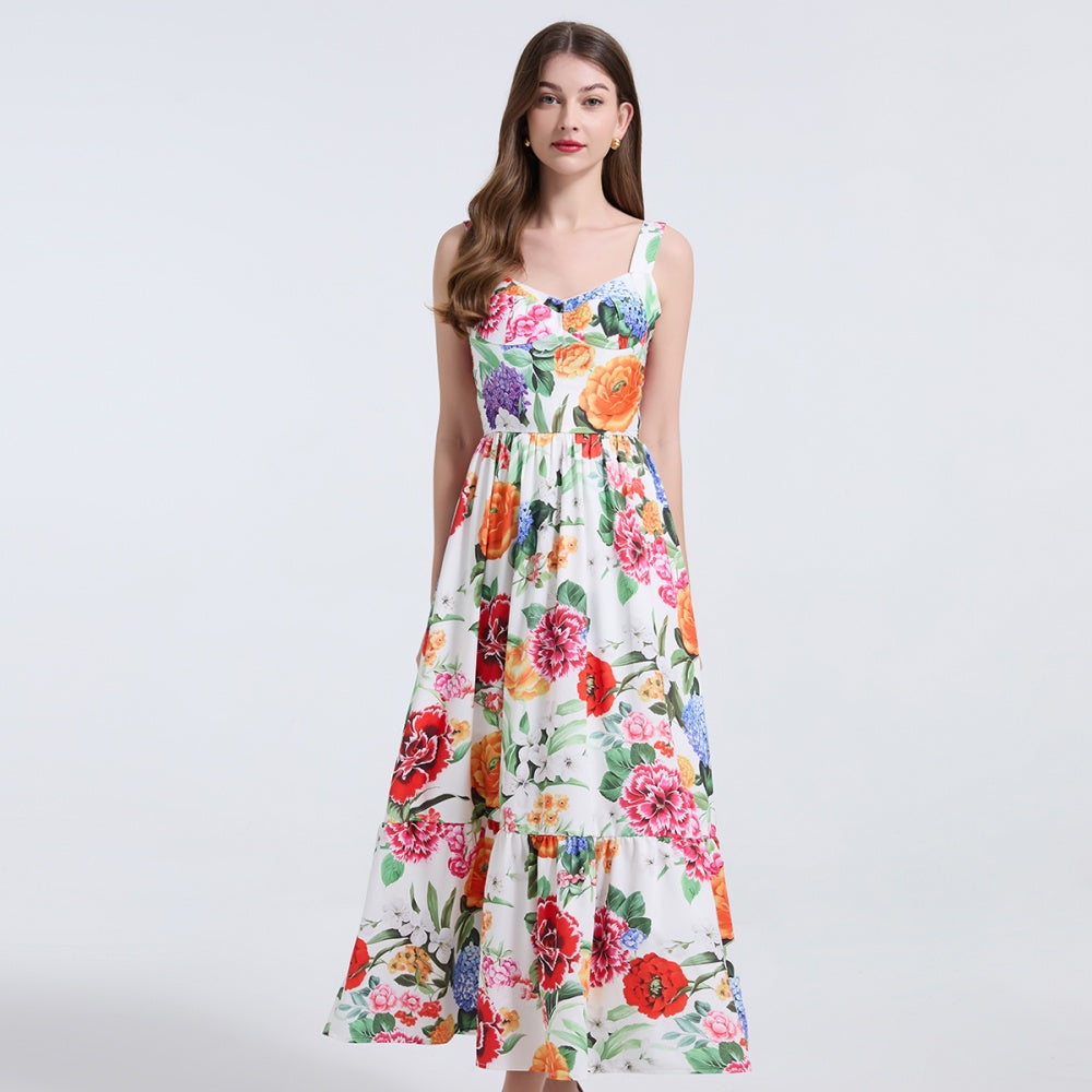 CM-DY040801 Women Elegant European Style Floral Print Sleeveless Elastic Pinched Waist A-Line Dress