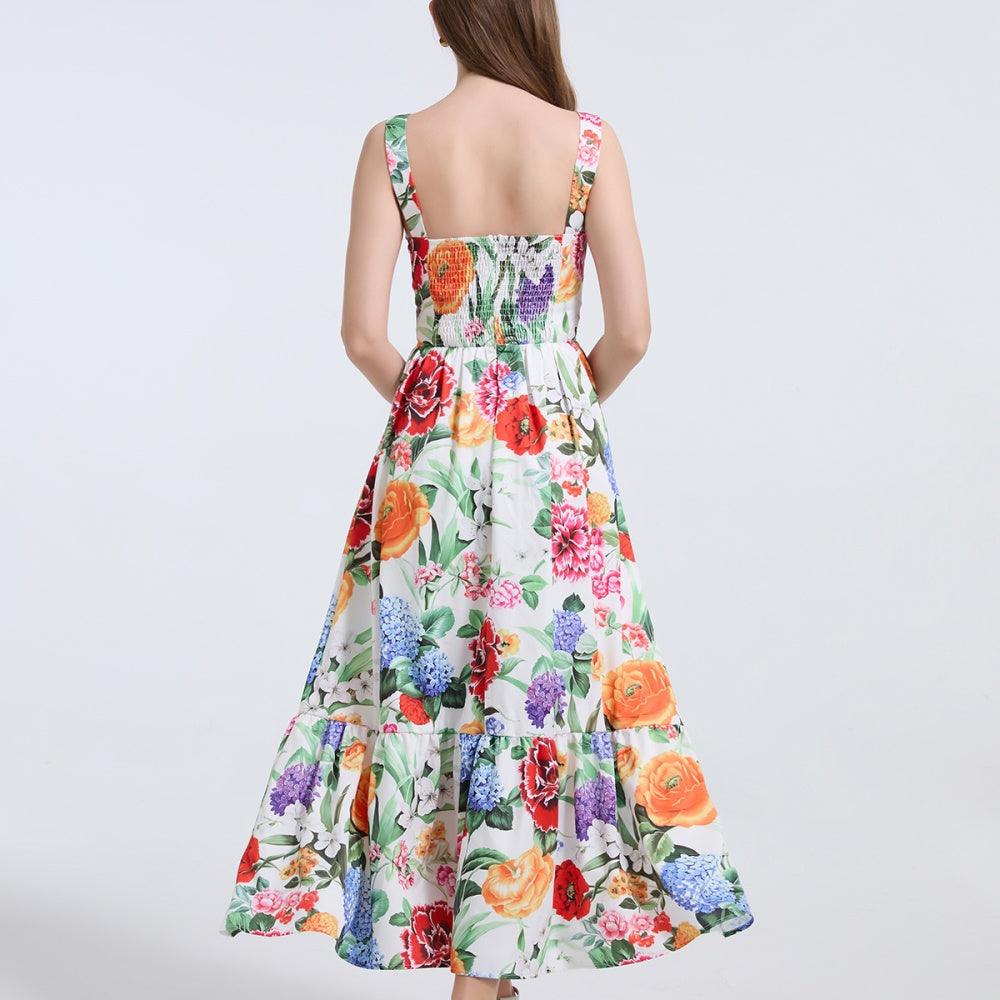CM-DY040801 Women Elegant European Style Floral Print Sleeveless Elastic Pinched Waist A-Line Dress