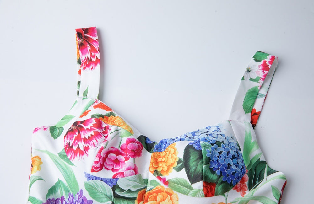 CM-DY040801 Women Elegant European Style Floral Print Sleeveless Elastic Pinched Waist A-Line Dress