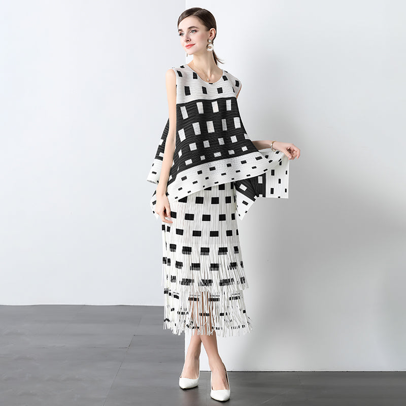 CM-SY040923 Women Elegant Seoul Style Round Neck Sleeveless Asymmetrical Blouse With Midi Skirt - Set (Available in 2 colors)