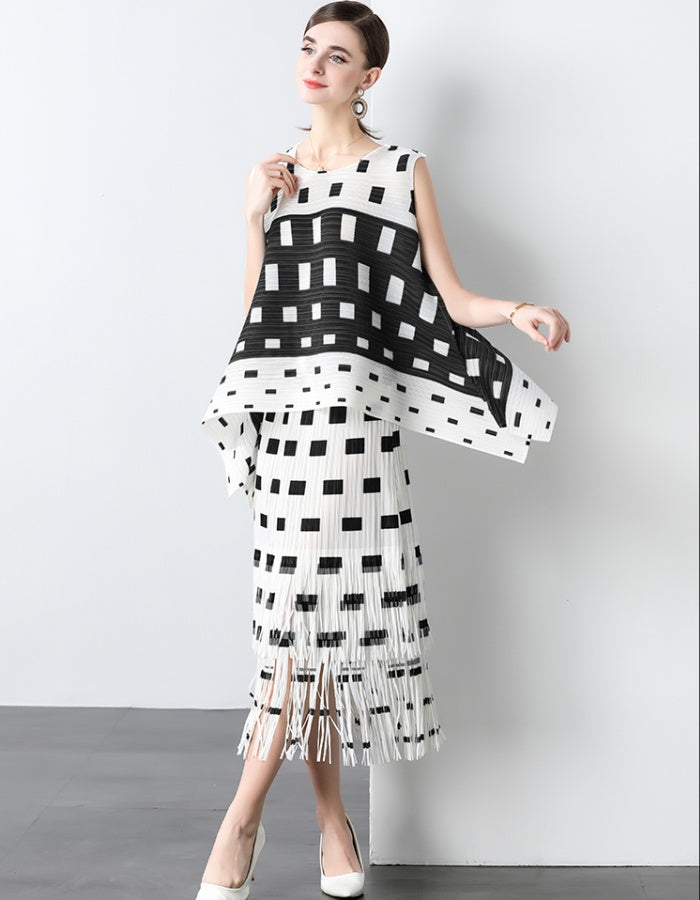 CM-SY040923 Women Elegant Seoul Style Round Neck Sleeveless Asymmetrical Blouse With Midi Skirt - Set (Available in 2 colors)
