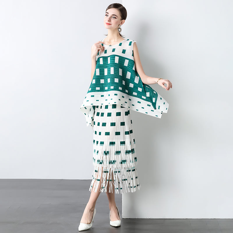 CM-SY040923 Women Elegant Seoul Style Round Neck Sleeveless Asymmetrical Blouse With Midi Skirt - Set (Available in 2 colors)