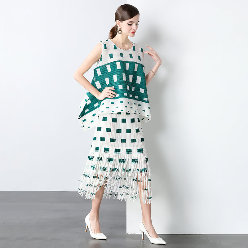 CM-SY040923 Women Elegant Seoul Style Round Neck Sleeveless Asymmetrical Blouse With Midi Skirt - Set (Available in 2 colors)