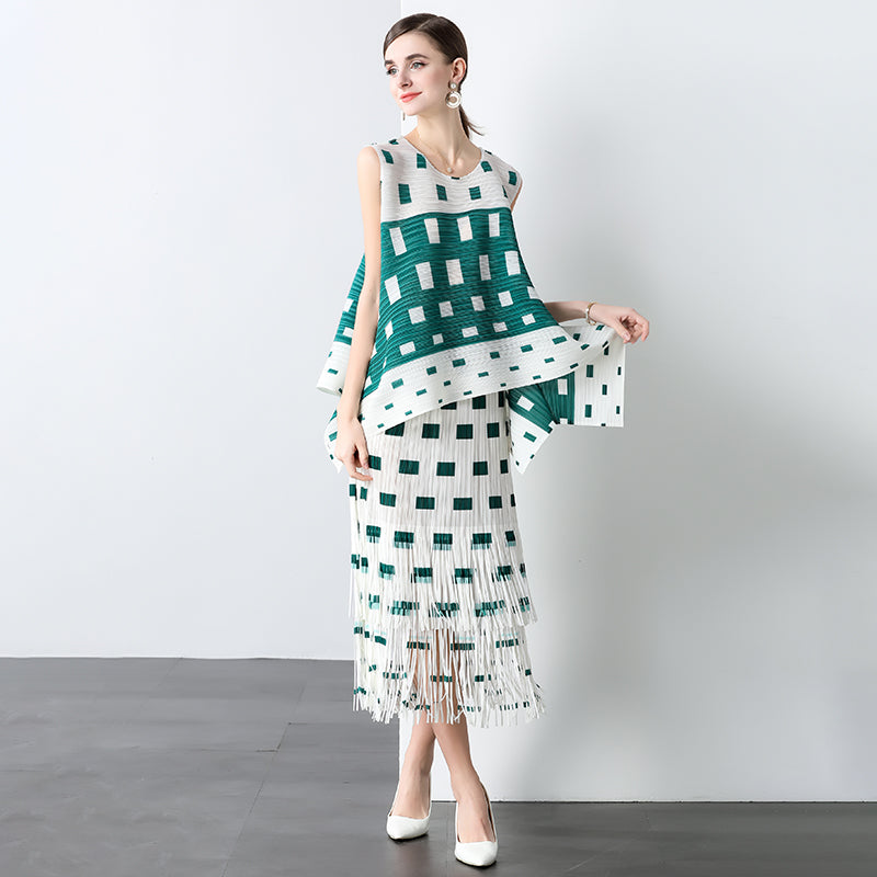 CM-SY040923 Women Elegant Seoul Style Round Neck Sleeveless Asymmetrical Blouse With Midi Skirt - Set (Available in 2 colors)