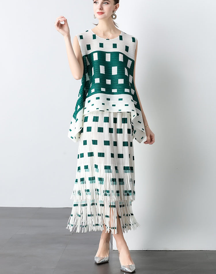 CM-SY040923 Women Elegant Seoul Style Round Neck Sleeveless Asymmetrical Blouse With Midi Skirt - Set (Available in 2 colors)