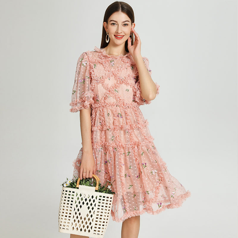 CM-DY041059 Women Elegant European Style Round Neck Half Sleeve Floral Embroidery Midi Dress - Pink