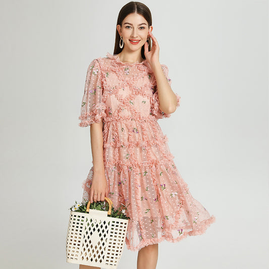 CM-DY041059 Women Elegant European Style Round Neck Half Sleeve Floral Embroidery Midi Dress - Pink