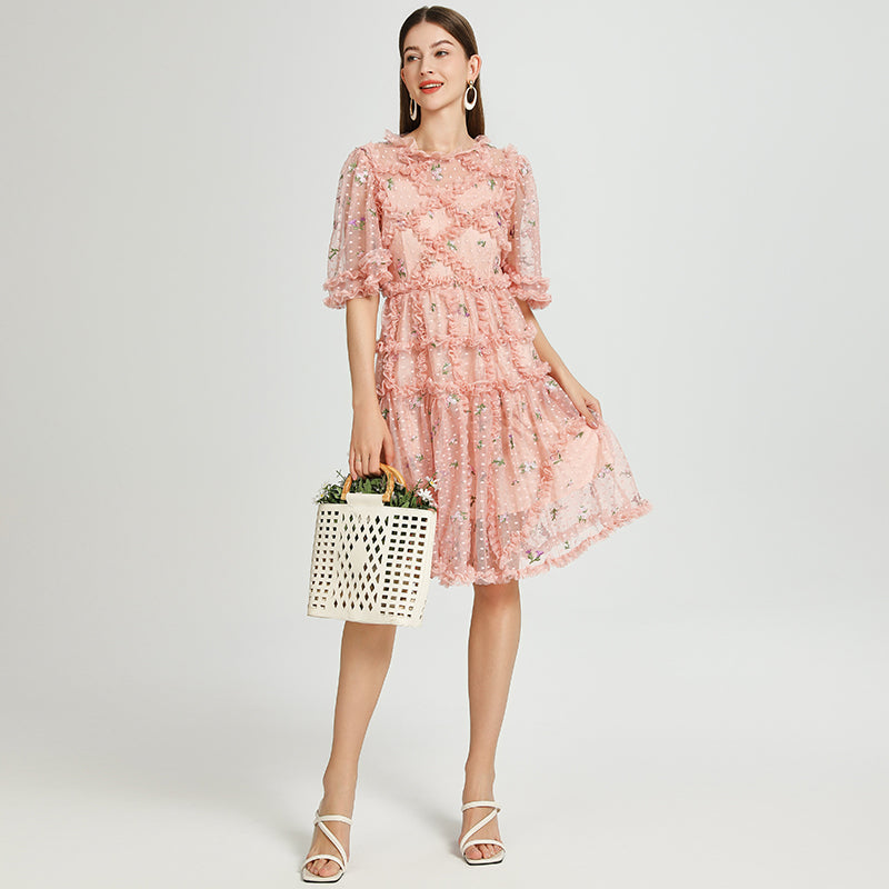 CM-DY041059 Women Elegant European Style Round Neck Half Sleeve Floral Embroidery Midi Dress - Pink