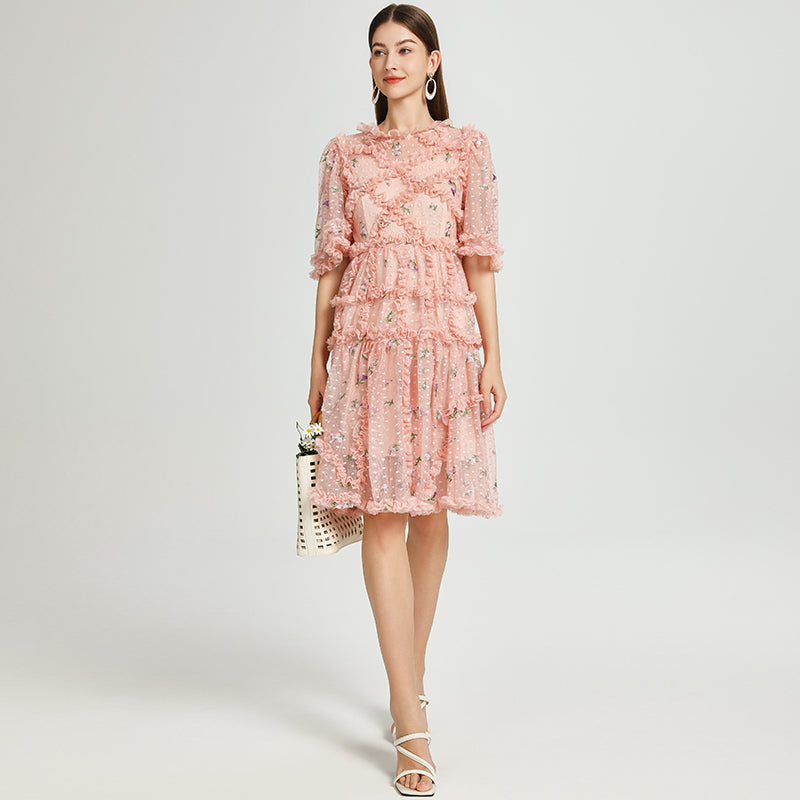 CM-DY041059 Women Elegant European Style Round Neck Half Sleeve Floral Embroidery Midi Dress - Pink