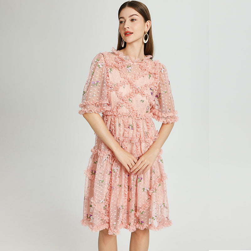 CM-DY041059 Women Elegant European Style Round Neck Half Sleeve Floral Embroidery Midi Dress - Pink