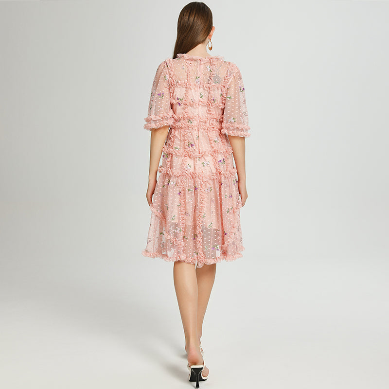 CM-DY041059 Women Elegant European Style Round Neck Half Sleeve Floral Embroidery Midi Dress - Pink