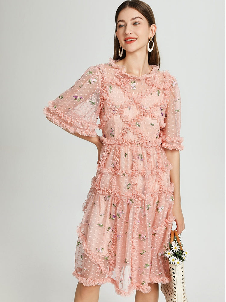 CM-DY041059 Women Elegant European Style Round Neck Half Sleeve Floral Embroidery Midi Dress - Pink