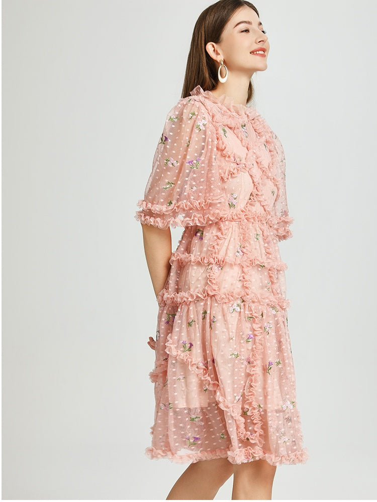 CM-DY041059 Women Elegant European Style Round Neck Half Sleeve Floral Embroidery Midi Dress - Pink