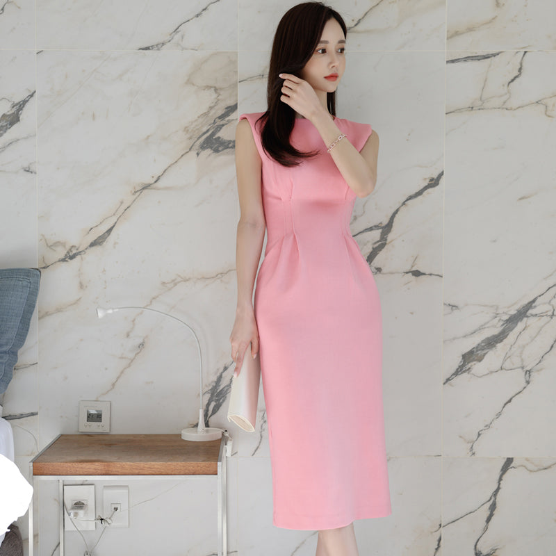 CM-DY041060 Women Casual Seoul Style Round Neck Sleeveless Midi Dress - Pink