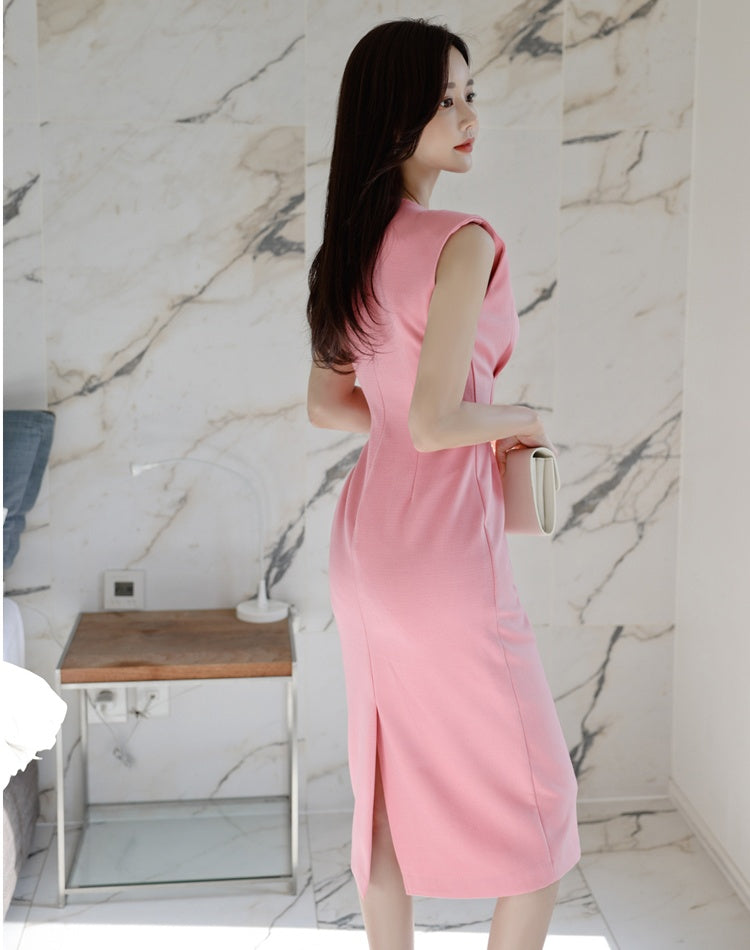 CM-DY041060 Women Casual Seoul Style Round Neck Sleeveless Midi Dress - Pink