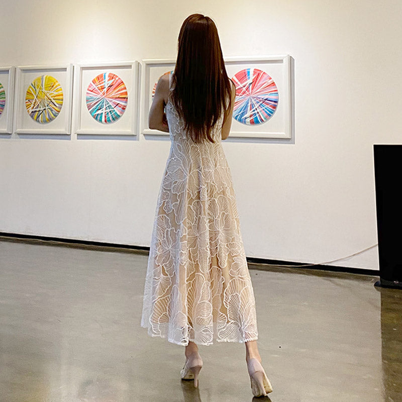 CM-DY041061 Women Elegant Seoul Style Embroidery Round Neck Sleeveless Long Dress - White
