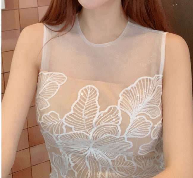 CM-DY041061 Women Elegant Seoul Style Embroidery Round Neck Sleeveless Long Dress - White