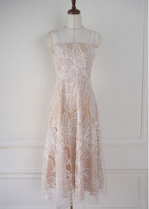 CM-DY041061 Women Elegant Seoul Style Embroidery Round Neck Sleeveless Long Dress - White