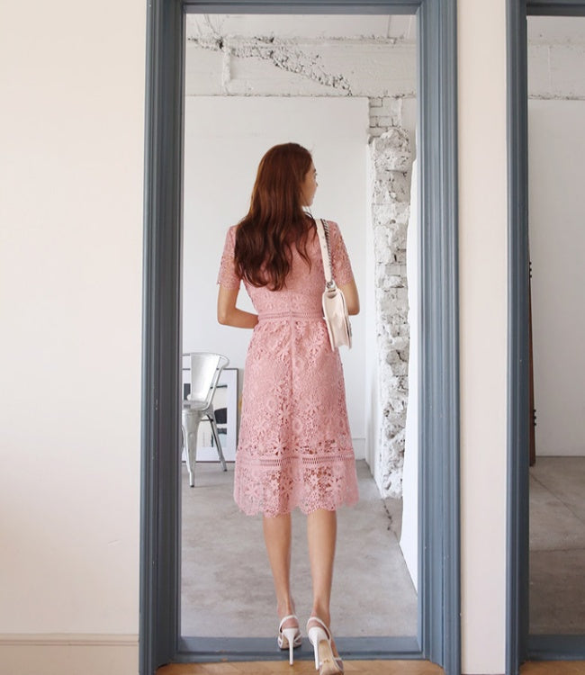 CM-DY041062 Women Elegant Seoul Style Round Neck Short Sleeve Pinched Waist Hollow Dress - Pink