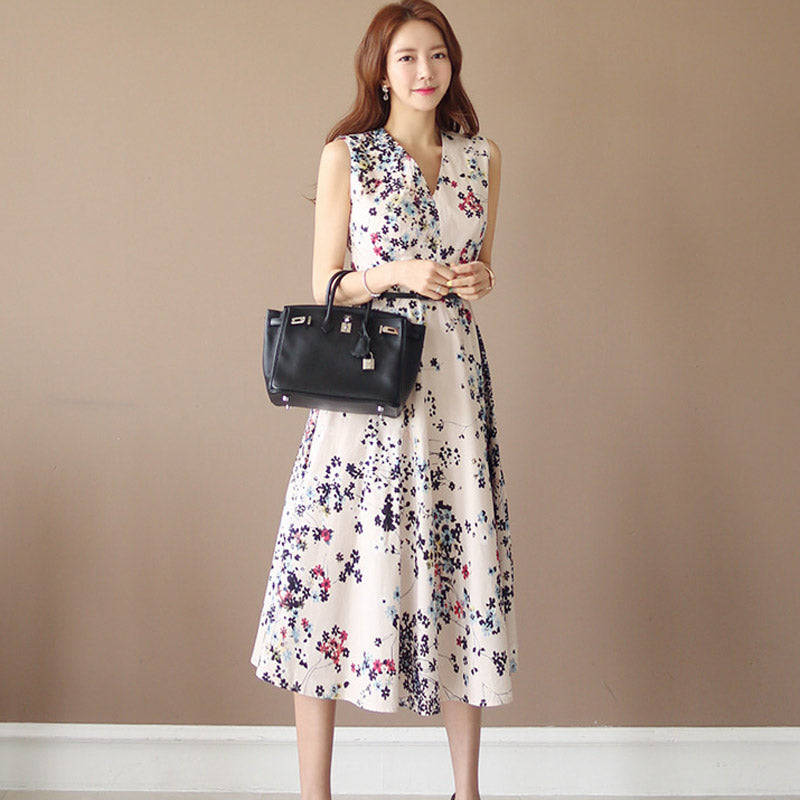 CM-DY041064 Women Elegant Seoul Style V-Neck Sleeveless Floral Print Long Dress