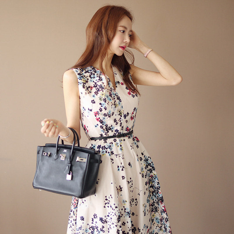 CM-DY041064 Women Elegant Seoul Style V-Neck Sleeveless Floral Print Long Dress