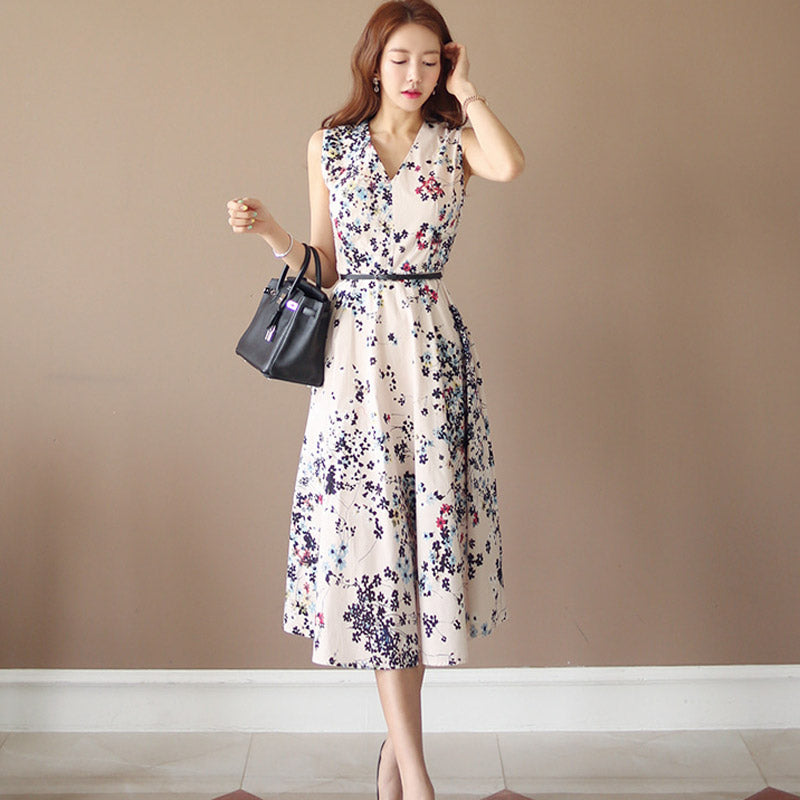 CM-DY041064 Women Elegant Seoul Style V-Neck Sleeveless Floral Print Long Dress
