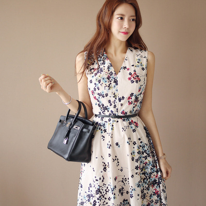 CM-DY041064 Women Elegant Seoul Style V-Neck Sleeveless Floral Print Long Dress