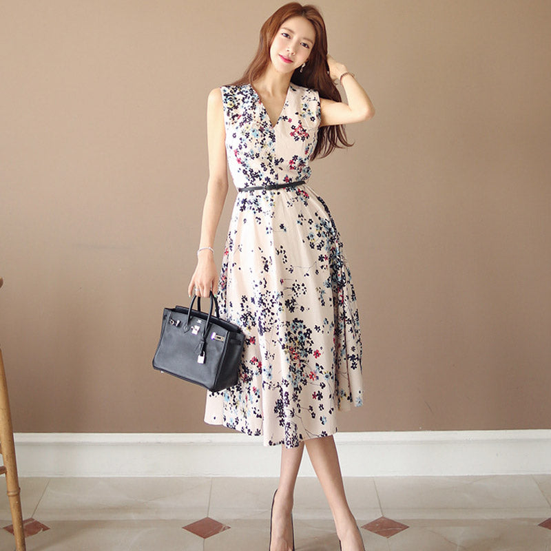 CM-DY041064 Women Elegant Seoul Style V-Neck Sleeveless Floral Print Long Dress
