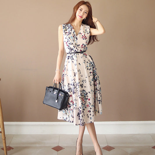CM-DY041064 Women Elegant Seoul Style V-Neck Sleeveless Floral Print Long Dress