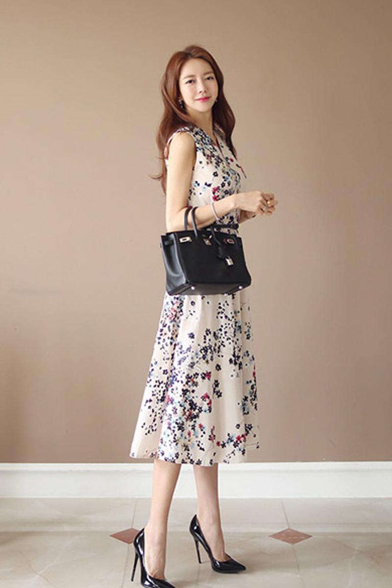 CM-DY041064 Women Elegant Seoul Style V-Neck Sleeveless Floral Print Long Dress