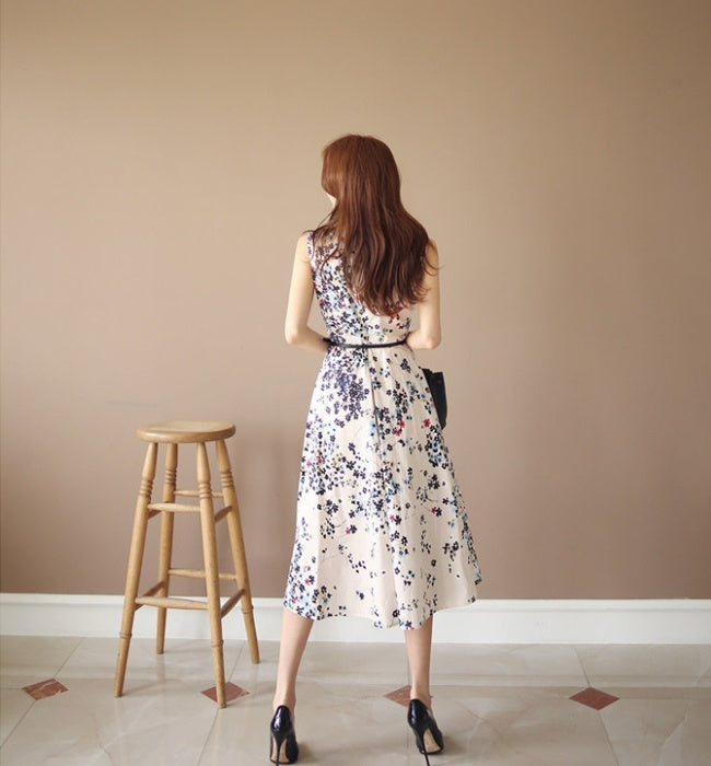 CM-DY041064 Women Elegant Seoul Style V-Neck Sleeveless Floral Print Long Dress