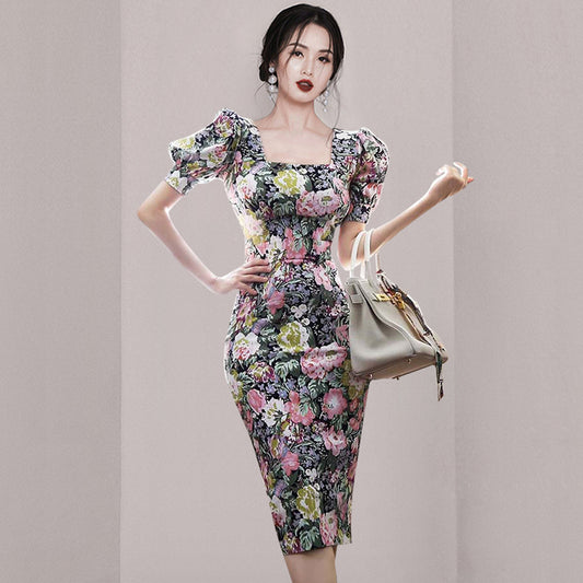 CM-DY041066 Women Elegant Seoul Style Floral Print Square Collar Lantern Sleeve Long Dress