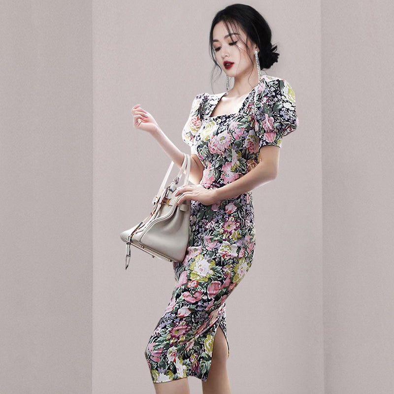 CM-DY041066 Women Elegant Seoul Style Floral Print Square Collar Lantern Sleeve Long Dress