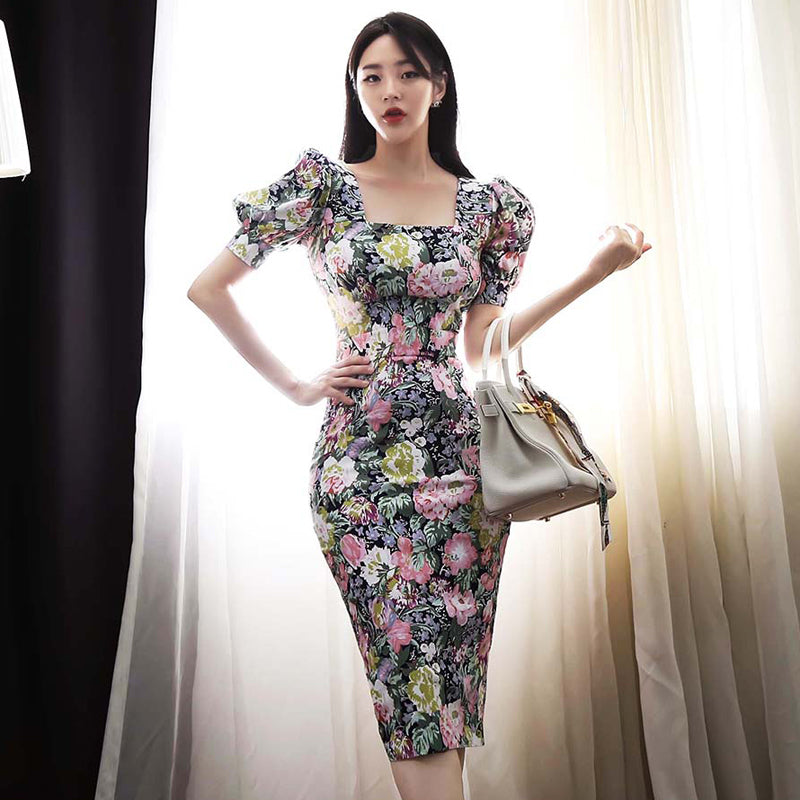 CM-DY041066 Women Elegant Seoul Style Floral Print Square Collar Lantern Sleeve Long Dress