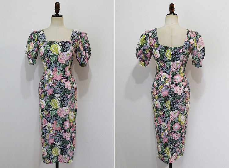 CM-DY041066 Women Elegant Seoul Style Floral Print Square Collar Lantern Sleeve Long Dress