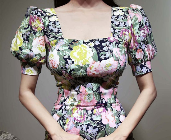 CM-DY041066 Women Elegant Seoul Style Floral Print Square Collar Lantern Sleeve Long Dress