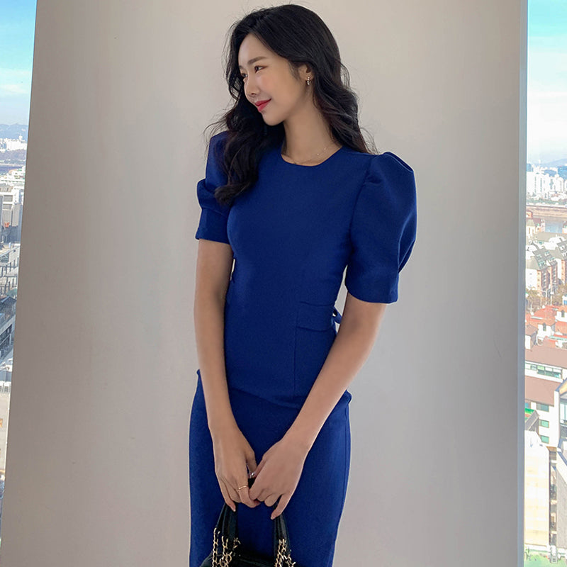 CM-DY041069 Women Casual Seoul Style Round NEck Princess Sleeve Midi Dress - Blue