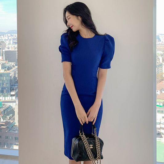 CM-DY041069 Women Casual Seoul Style Round NEck Princess Sleeve Midi Dress - Blue