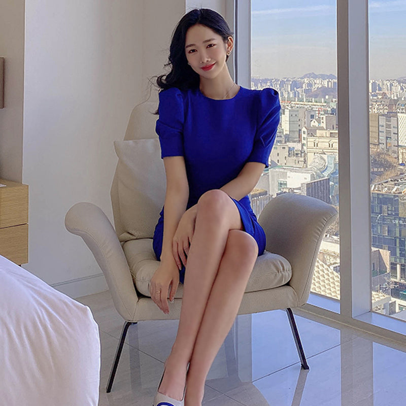 CM-DY041069 Women Casual Seoul Style Round NEck Princess Sleeve Midi Dress - Blue