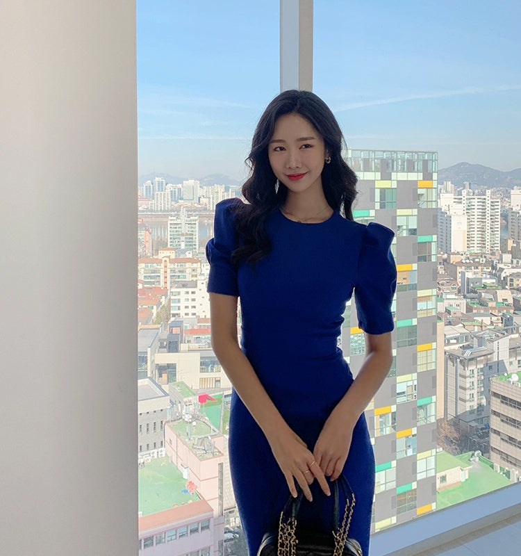CM-DY041069 Women Casual Seoul Style Round NEck Princess Sleeve Midi Dress - Blue
