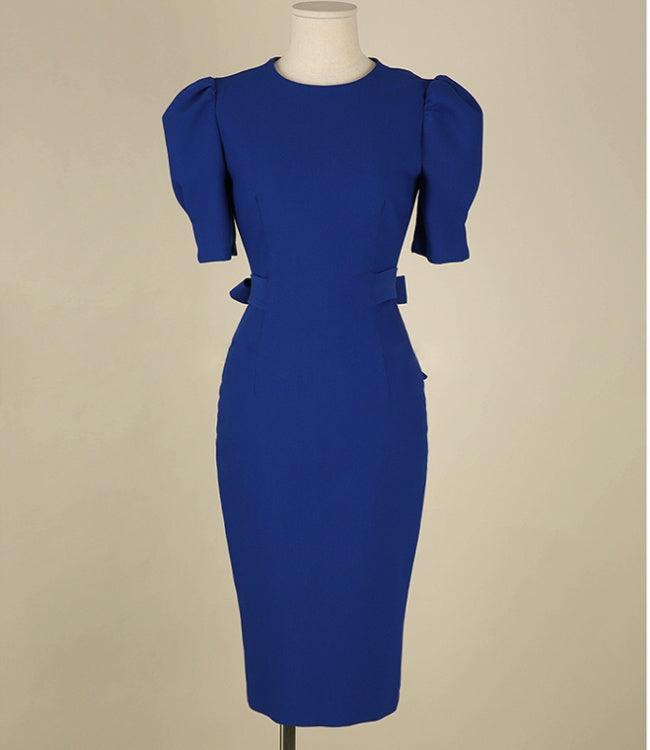 CM-DY041069 Women Casual Seoul Style Round NEck Princess Sleeve Midi Dress - Blue