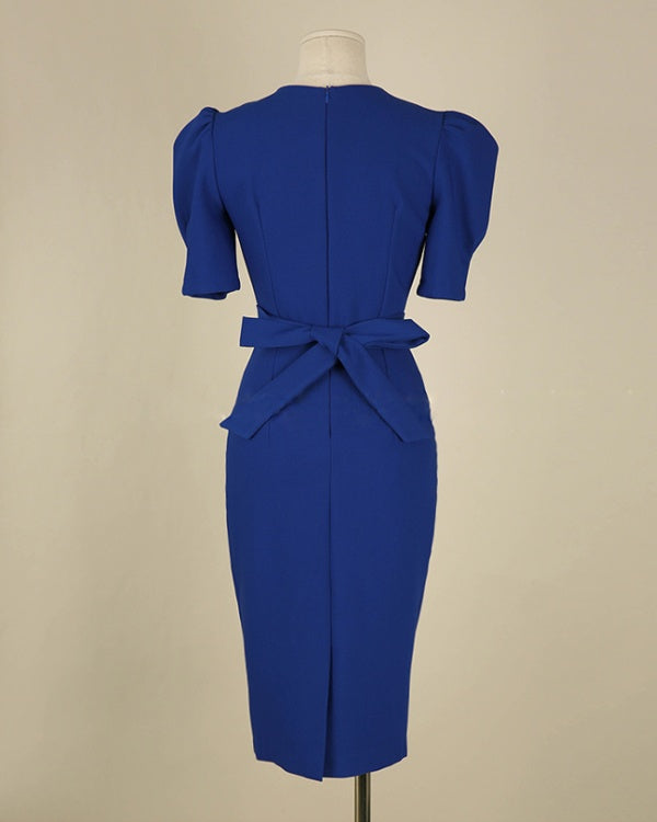 CM-DY041069 Women Casual Seoul Style Round NEck Princess Sleeve Midi Dress - Blue