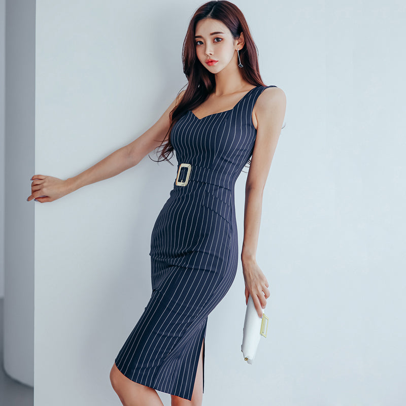 CM-DY041070 Women Casual Seoul Style V-Neck Sleeveless Stripe Midi Dress