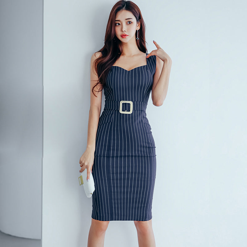 CM-DY041070 Women Casual Seoul Style V-Neck Sleeveless Stripe Midi Dress