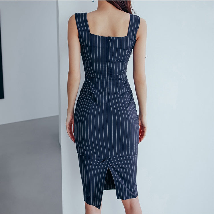 CM-DY041070 Women Casual Seoul Style V-Neck Sleeveless Stripe Midi Dress