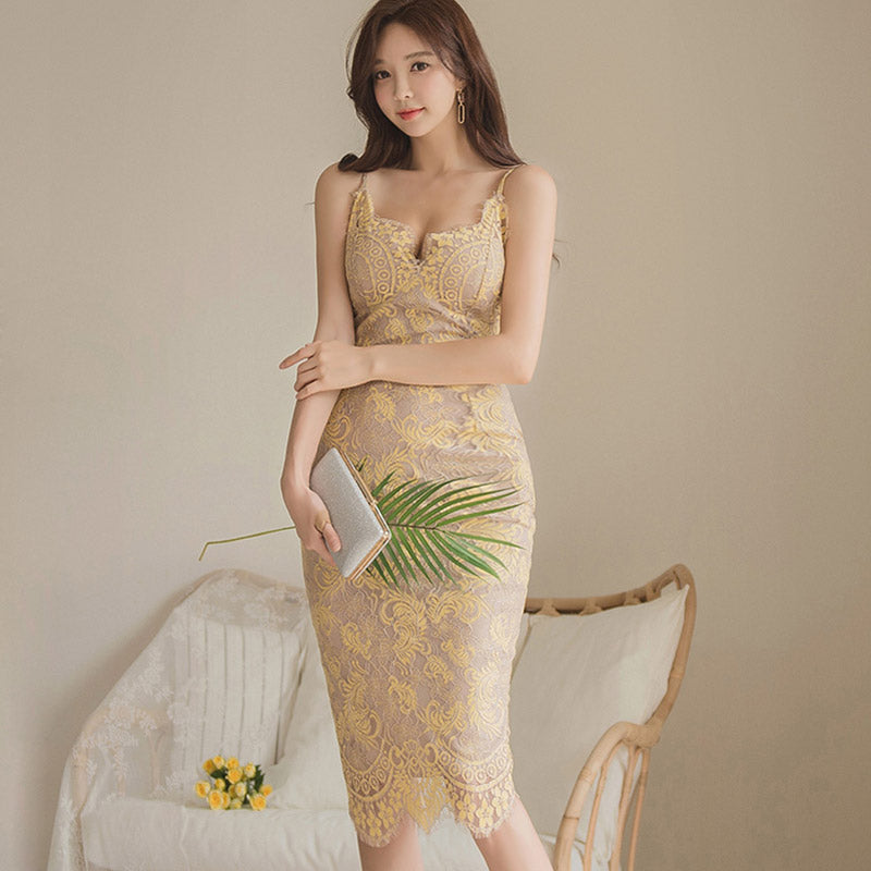 CM-DY041071 Women Elegant Seoul Style Strap Sleeveless Medium Waist Mid-Length Dress - Yellow
